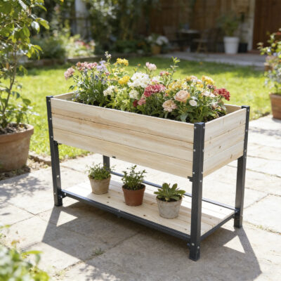 Natural wood raised garden bed with a black iron frame and lower shelf; plants and pots shown for styling.