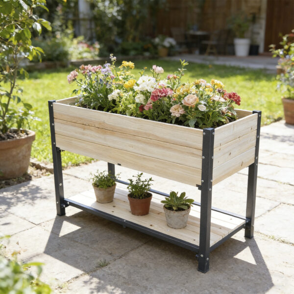 Natural wood raised garden bed with a black iron frame and lower shelf; plants and pots shown for styling.
