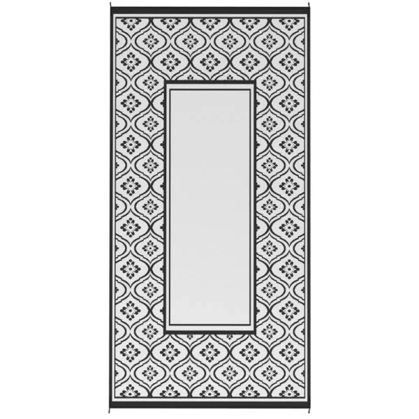 Light side of a black and white outdoor rug with a floral border and plain rectangular center.