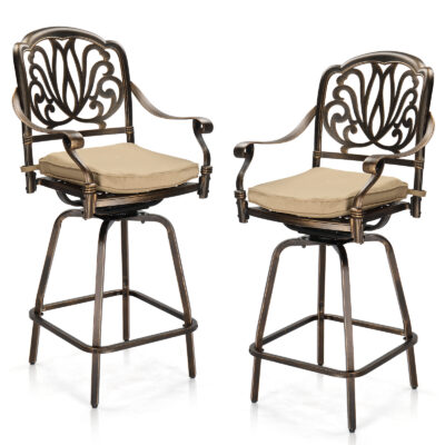 Two bronze cast aluminum swivel patio bar stools with beige seat cushions, shown on a white background.