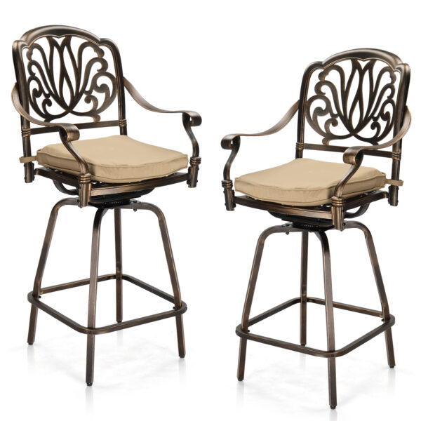 Two bronze cast aluminum swivel patio bar stools with beige seat cushions, shown on a white background.