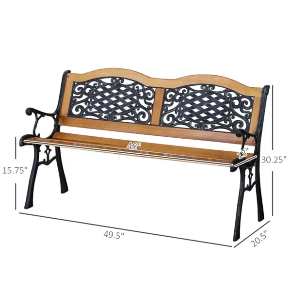Antique green garden bench dimensions Garden bench dimension drawing: 49.5 inches wide, 20.5 inches deep and 30.25 inches high; seat is 48 by 13 inches.