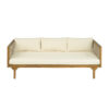 Front view of an acacia and rope outdoor sofa with beige cushions on a white background.