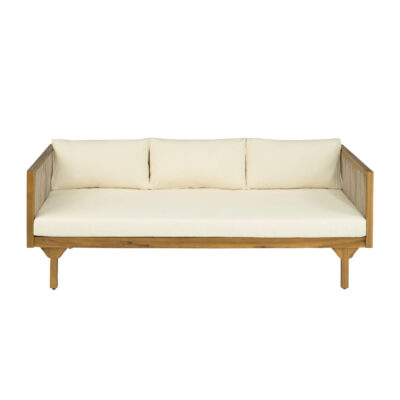 Acacia and Rope Outdoor Sofa – Front View Front view of an acacia and rope outdoor sofa with beige cushions on a white background.