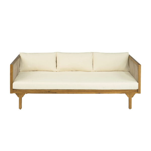 Front view of an acacia and rope outdoor sofa with beige cushions on a white background.