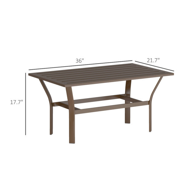 Brown metal coffee table dimensions Brown metal coffee table with dimensions marked 36 inches long, 21.7 inches wide and 17.7 inches high