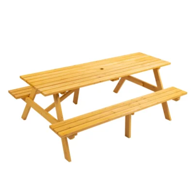 Yellow wood rectangular picnic table with two attached slatted benches, shown on a white background.