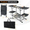 Dimensions of the camping prep table: 53 by 21.5 by 34.5 inches open, and 21.5 by 6.5 by 39.5 inches folded.