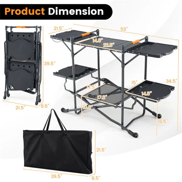 Dimensions of the camping prep table: 53 by 21.5 by 34.5 inches open, and 21.5 by 6.5 by 39.5 inches folded.