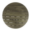 Round acacia coffee table top view Overhead view of the gray round acacia tabletop showing individual planks and narrow gaps