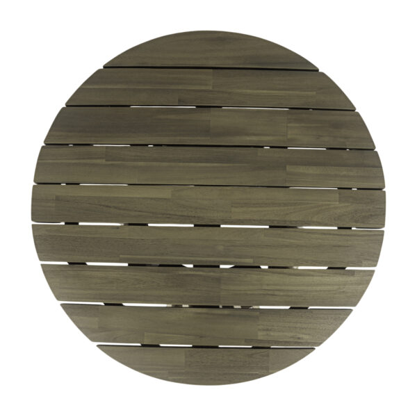 Round acacia coffee table top view Overhead view of the gray round acacia tabletop showing individual planks and narrow gaps