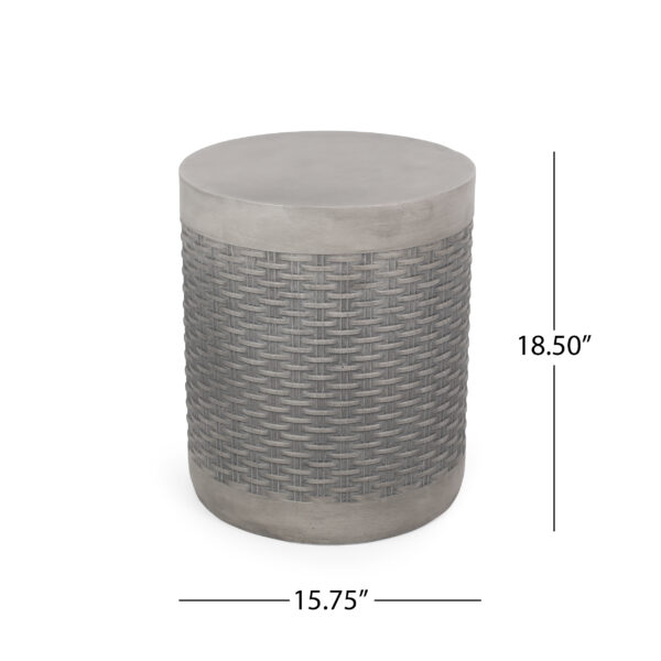 Dimension drawing of the light gray basket-weave side table: 15.75 inches across and 18.5 inches high.