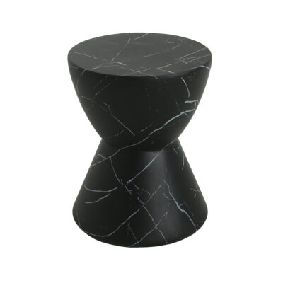 Black marble-effect lightweight concrete side table with an hourglass shape, on a white background.