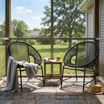 Two black PE rattan patio chairs with rounded open-weave seats and backs, arranged beside a table.