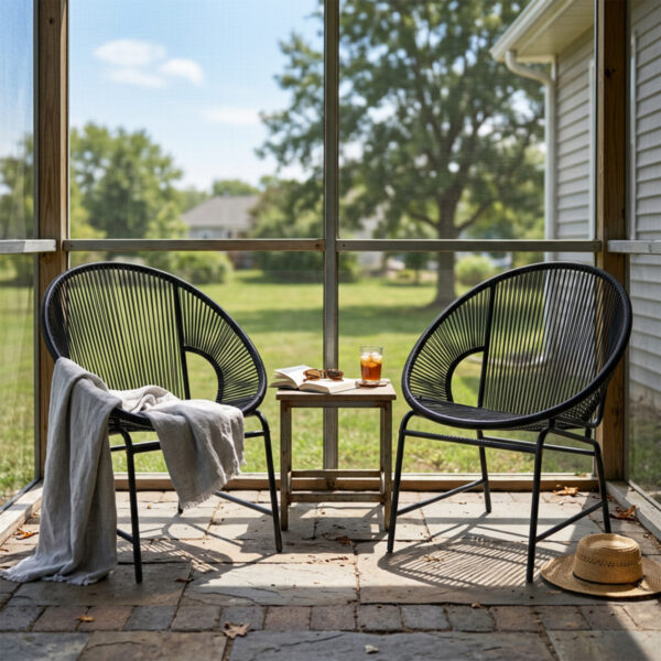 Two black PE rattan patio chairs with rounded open-weave seats and backs, arranged beside a table.