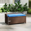 Dimension diagram of the brown storage bench with blue cushion: approximately 40.2 inches wide, 20.1 inches deep and 20.5 inches high.