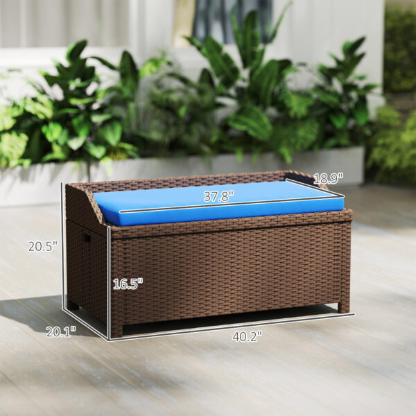 Dimension diagram of the brown storage bench with blue cushion: approximately 40.2 inches wide, 20.1 inches deep and 20.5 inches high.