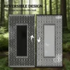 Both sides of the same reversible outdoor rug showing black and light centers with inverted border colors.