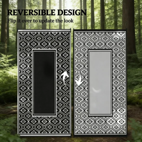 Both sides of the same reversible outdoor rug showing black and light centers with inverted border colors.