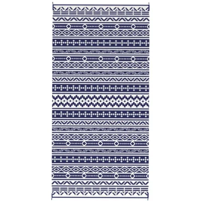 Blue and white geometric outdoor rug Blue and white outdoor rug with rows of diamonds, zigzags and geometric motifs.