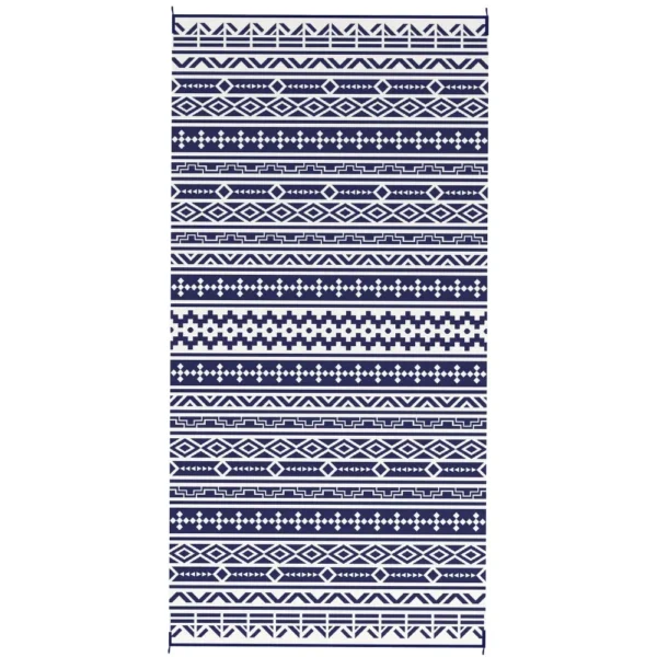 Blue and white geometric outdoor rug Blue and white outdoor rug with rows of diamonds, zigzags and geometric motifs.