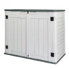 Two-tone gray outdoor storage shed Two-tone gray HDPE outdoor storage shed shown at an angle with doors and lid closed