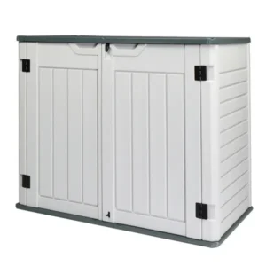 Two-tone gray HDPE outdoor storage shed shown at an angle with doors and lid closed