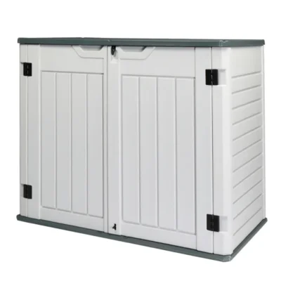 Two-tone gray HDPE outdoor storage shed shown at an angle with doors and lid closed