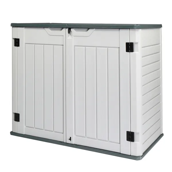 Two-tone gray outdoor storage shed Two-tone gray HDPE outdoor storage shed shown at an angle with doors and lid closed