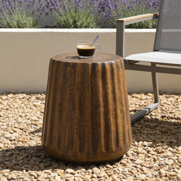 Brown Tree-Stump MGO Side Table – Patio Brown tree-stump MGO side table beside a patio chair
