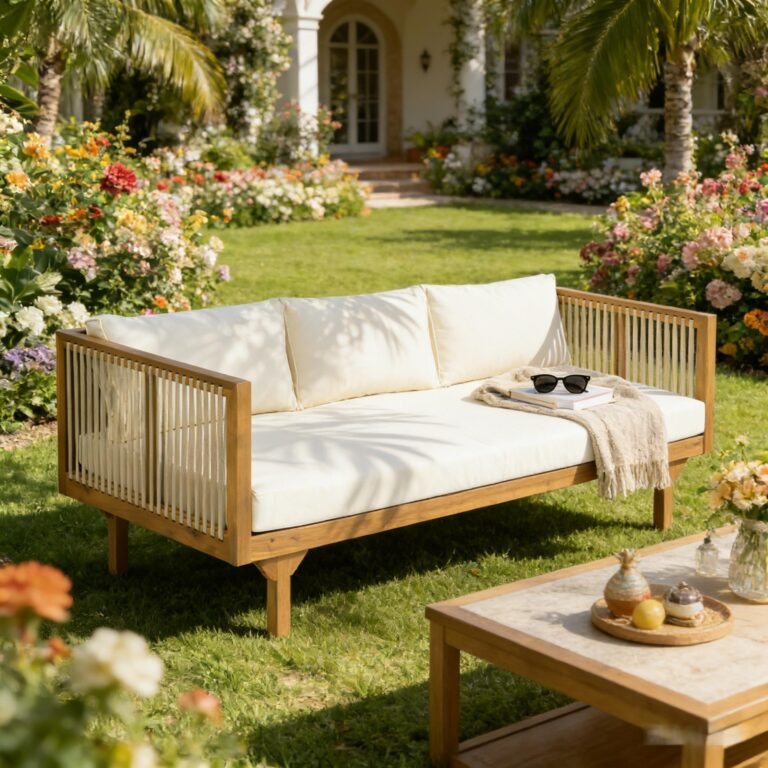 Acacia and rope sofa with beige cushions in a garden.