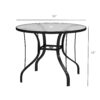 38-inch glass patio table dimensions Dimension drawing of the black round glass patio table, measuring 38 inches across and 28 inches high.