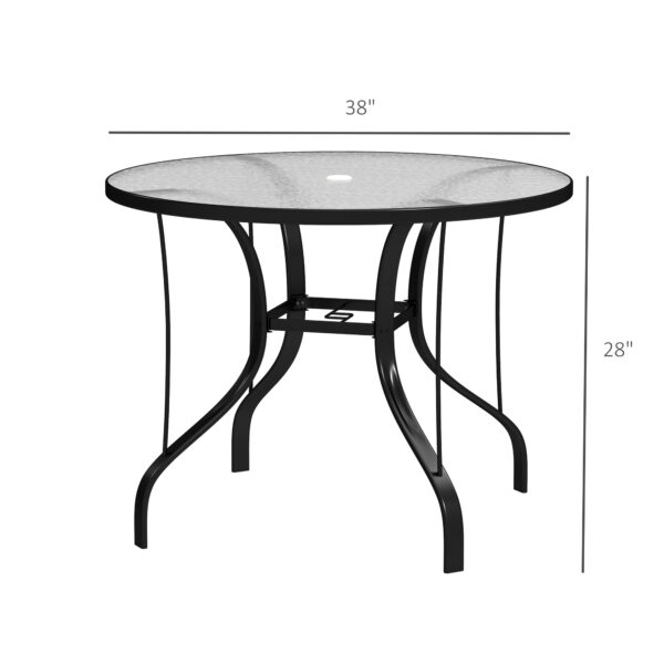 38-inch glass patio table dimensions Dimension drawing of the black round glass patio table, measuring 38 inches across and 28 inches high.