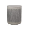 Light gray round outdoor side table with a basket-weave surface pattern, shown on a white background.