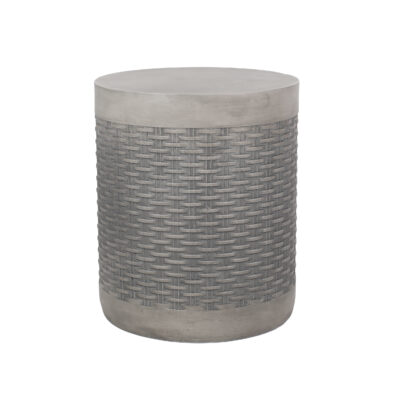 Light gray round outdoor side table with a basket-weave surface pattern, shown on a white background.