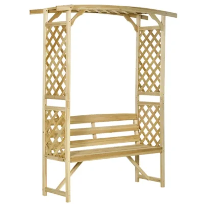 Natural fir wood arbor bench with a slatted seat, lattice side trellises and an open pergola top.