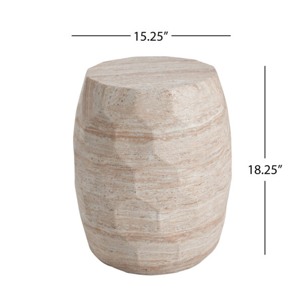 Dimension drawing of the beige travertine-effect side table, measuring 15.25 inches across and 18.25 inches high.