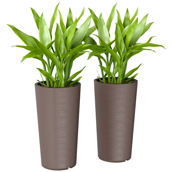 Two tall brown polypropylene planters with tapered sides; green plants shown for styling are not included.