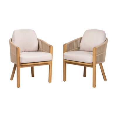 Two acacia and rope patio armchairs with beige seat and back cushions on a white background.