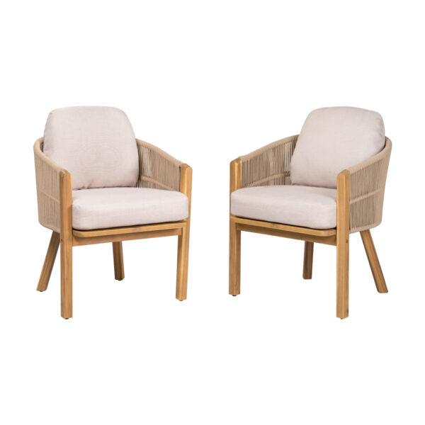 Two acacia and rope patio armchairs with beige seat and back cushions on a white background.