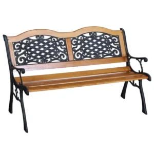 Garden bench with pine wood seat slats, antique-green armrests and legs, and two decorative scroll-and-lattice back panels.