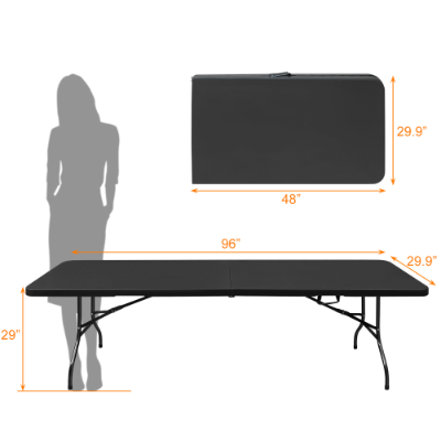 Black 8 ft folding table shown open and folded, with dimension labels
