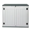 Gray outdoor storage shed front view Front view of the gray HDPE storage shed with double doors and a dark gray lid