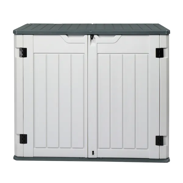 Gray outdoor storage shed front view Front view of the gray HDPE storage shed with double doors and a dark gray lid
