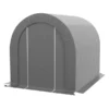 Dark gray outdoor storage tent with zippered door Dark gray outdoor storage tent with an arched roof and closed zippered front door