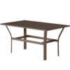 Brown slatted metal outdoor coffee table Brown rectangular metal coffee table with a slatted top, curved legs and an open lower brace