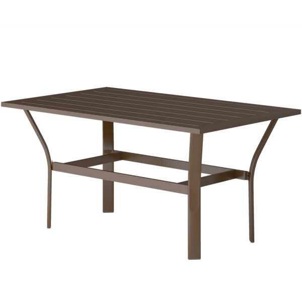 Brown slatted metal outdoor coffee table Brown rectangular metal coffee table with a slatted top, curved legs and an open lower brace
