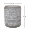 Dimension drawing of the light gray geometric side table: 15.5 inches across and 18.5 inches high.