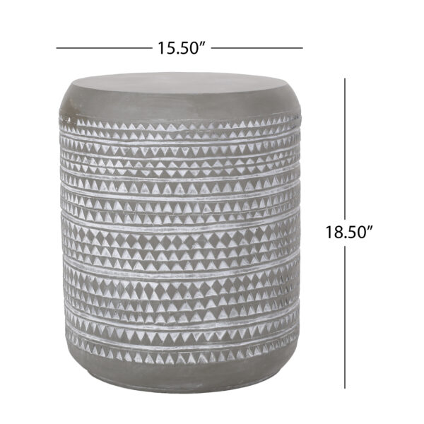 Dimension drawing of the light gray geometric side table: 15.5 inches across and 18.5 inches high.