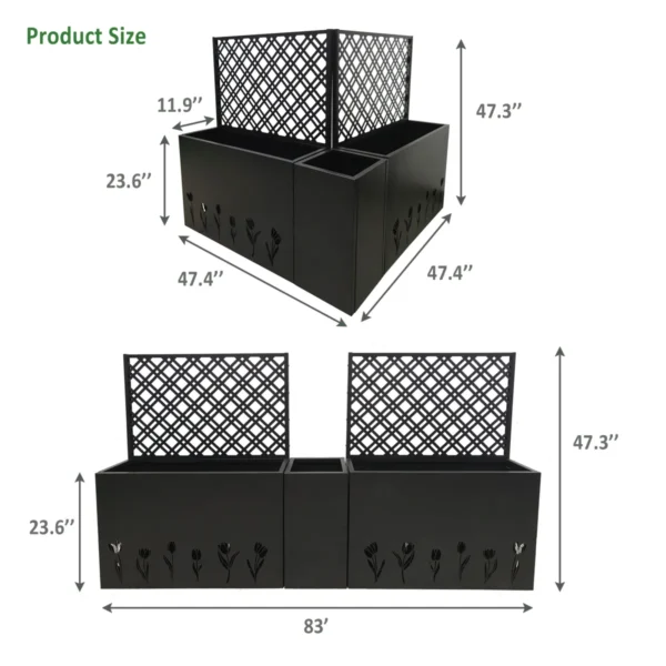 Dimension diagram for two rectangular planter boxes with trellises and one square planter box, showing individual box sizes and arrangement options.